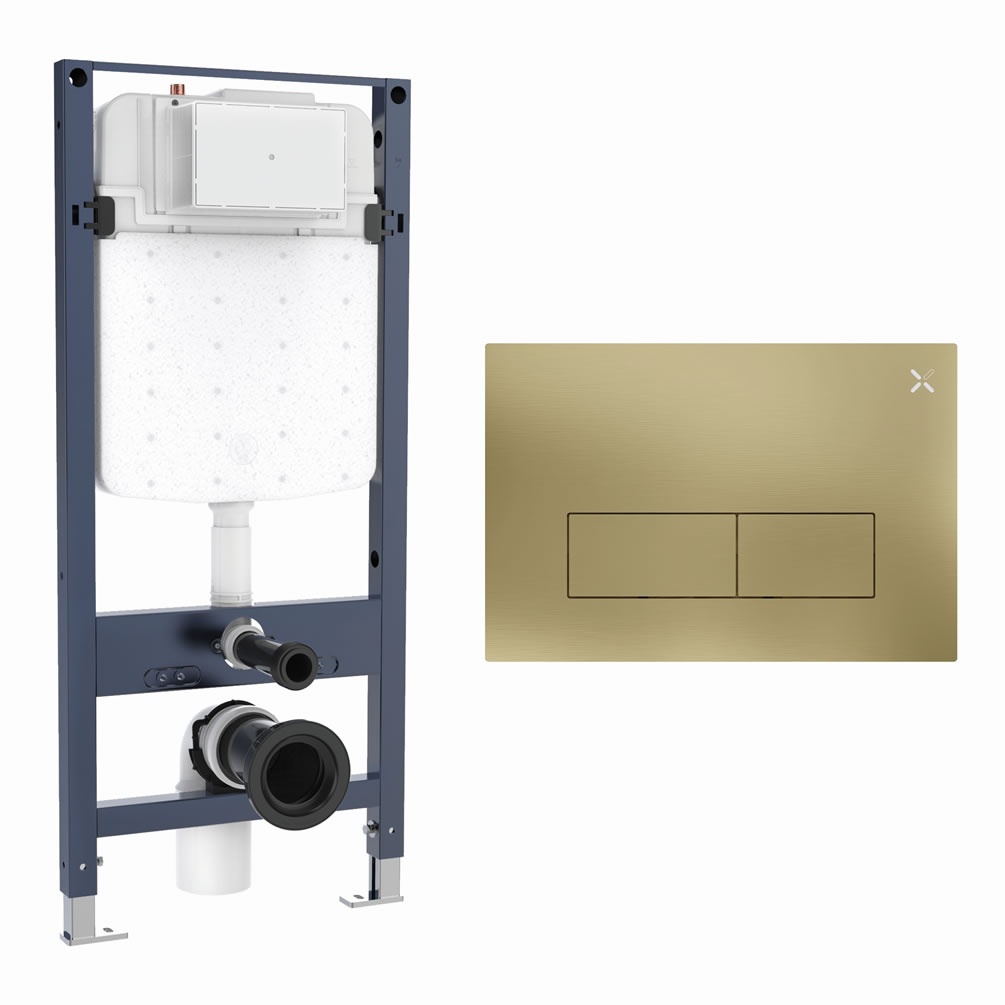 Cutout image of Crosswater 1120mm Slim Wall-Hung Cistern Frame & MPRO Brushed Brass Stainless Steel Dual Flush Plate