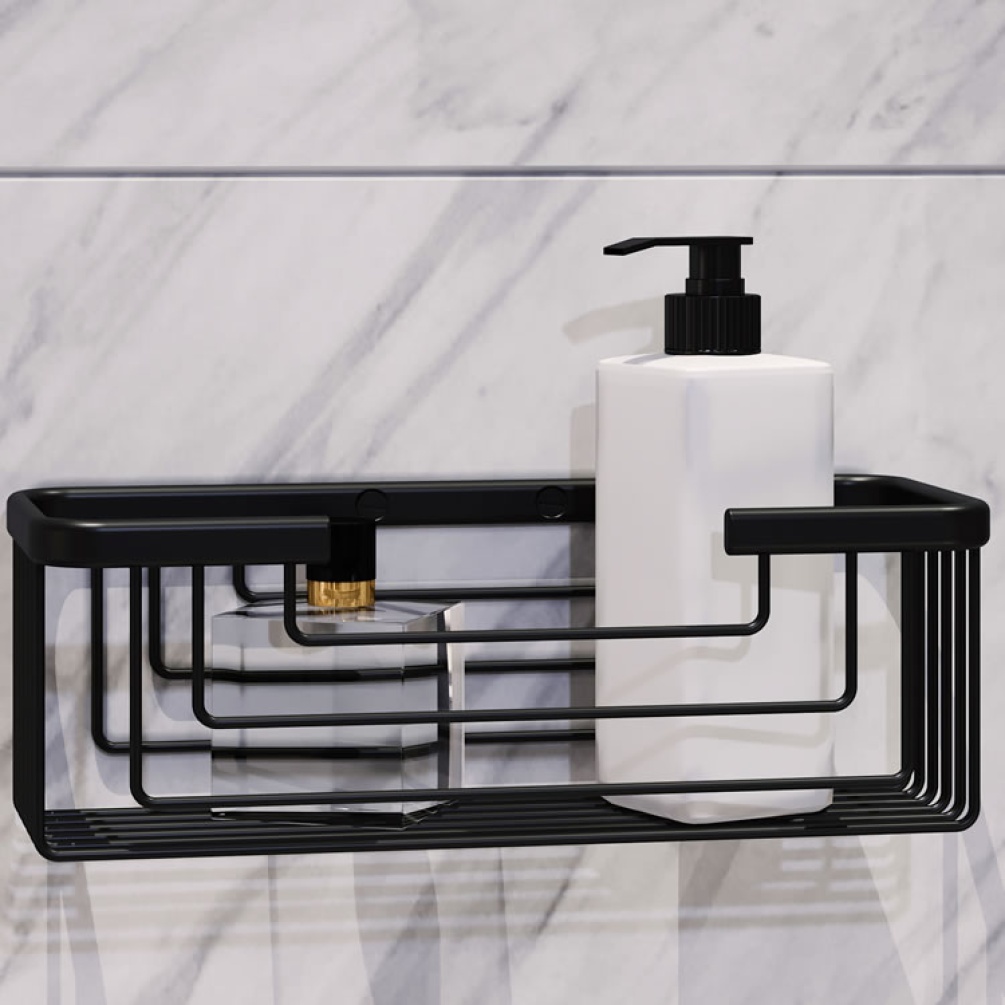 Lifestyle image of Origins Living Gedy Deep Basket black mounted on grey-white wall..