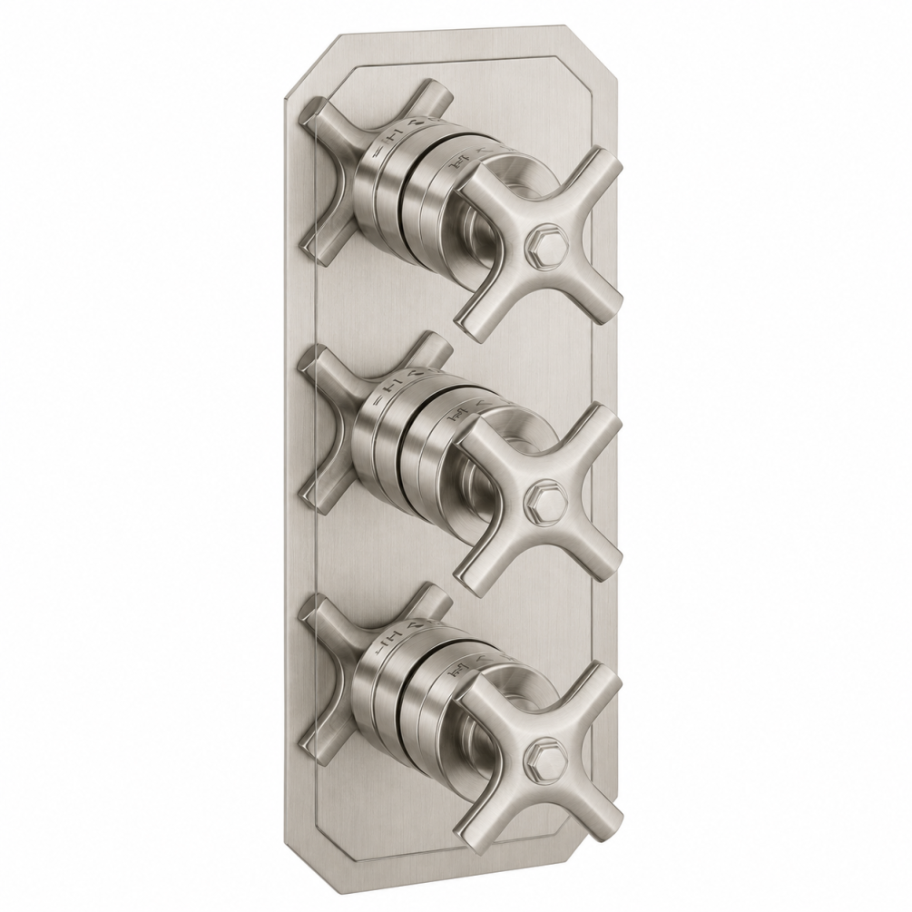 Cut out image of the Crosswater Waldorf Brushed Nickel 2 Outlet 3 Handle Thermostatic Shower Valve