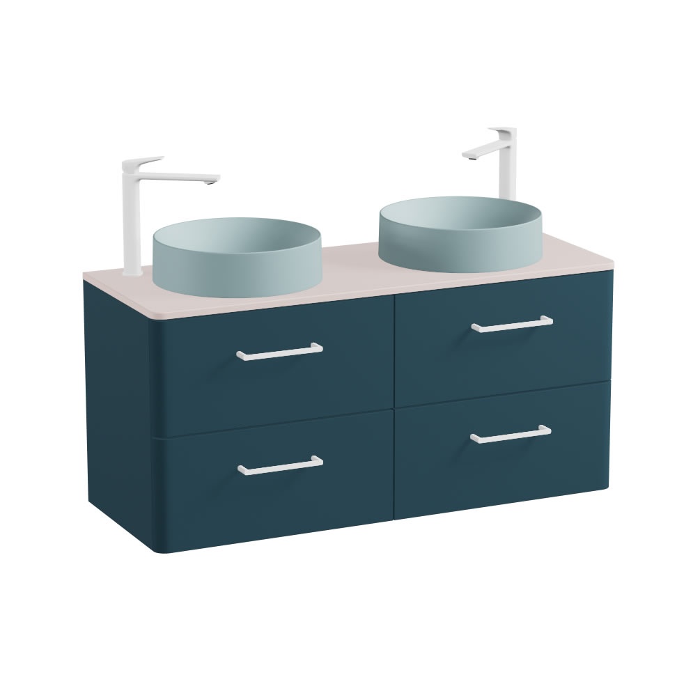Vado Cameo 1200mm Atlantic Blue Wall Hung 4 Drawer Vanity Unit, Pink Worktop & Cove Basins