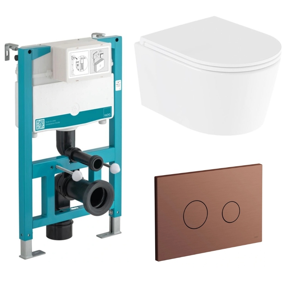 Vado Cameo Round Rimless Wall Hung Toilet with 835mm Short WC Frame, Cistern & Brushed Bronze Flush Plate