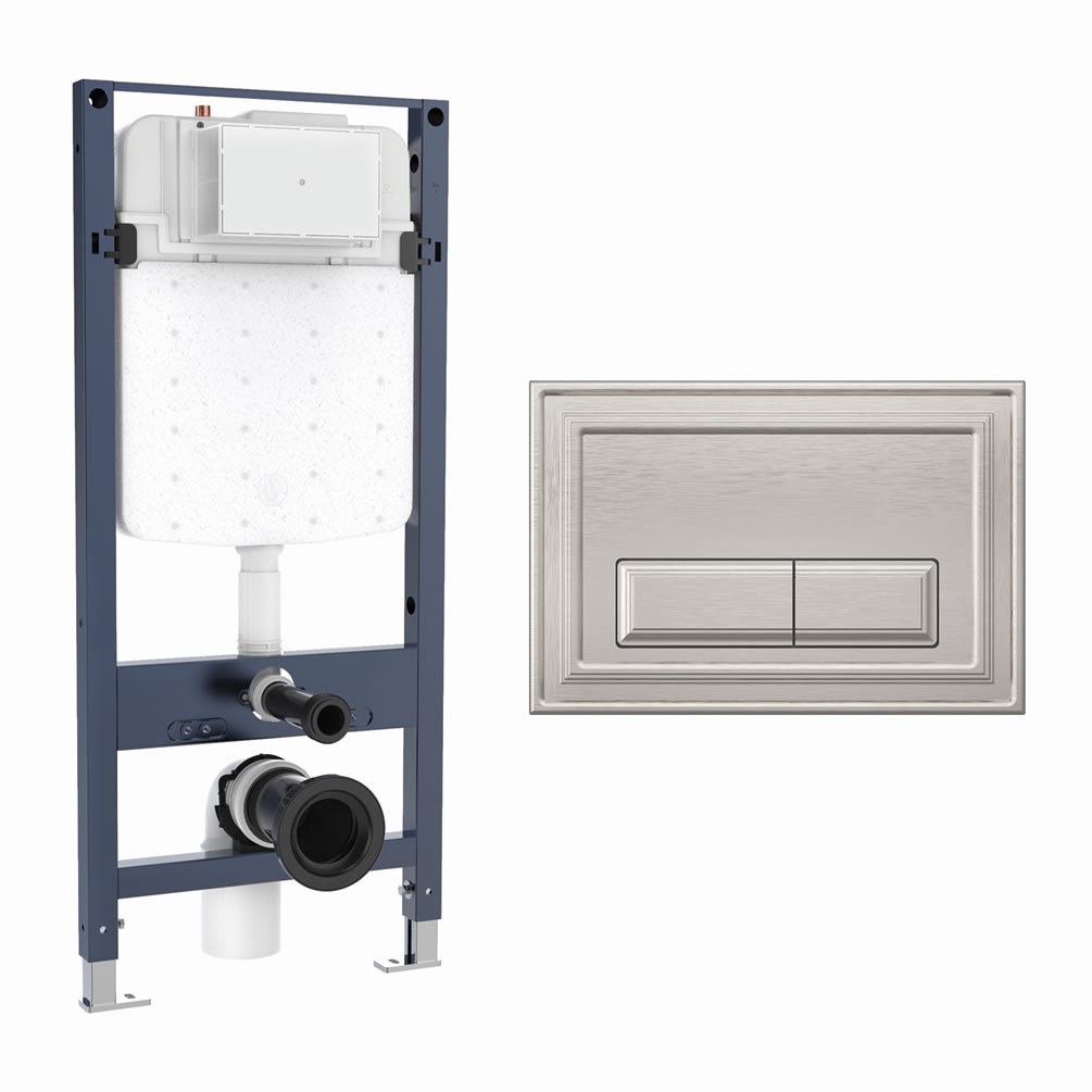 Cutout image of Crosswater 1120mm Slim Wall-Hung Cistern Frame & Belgravia Brushed Nickel Dual Flush Plate