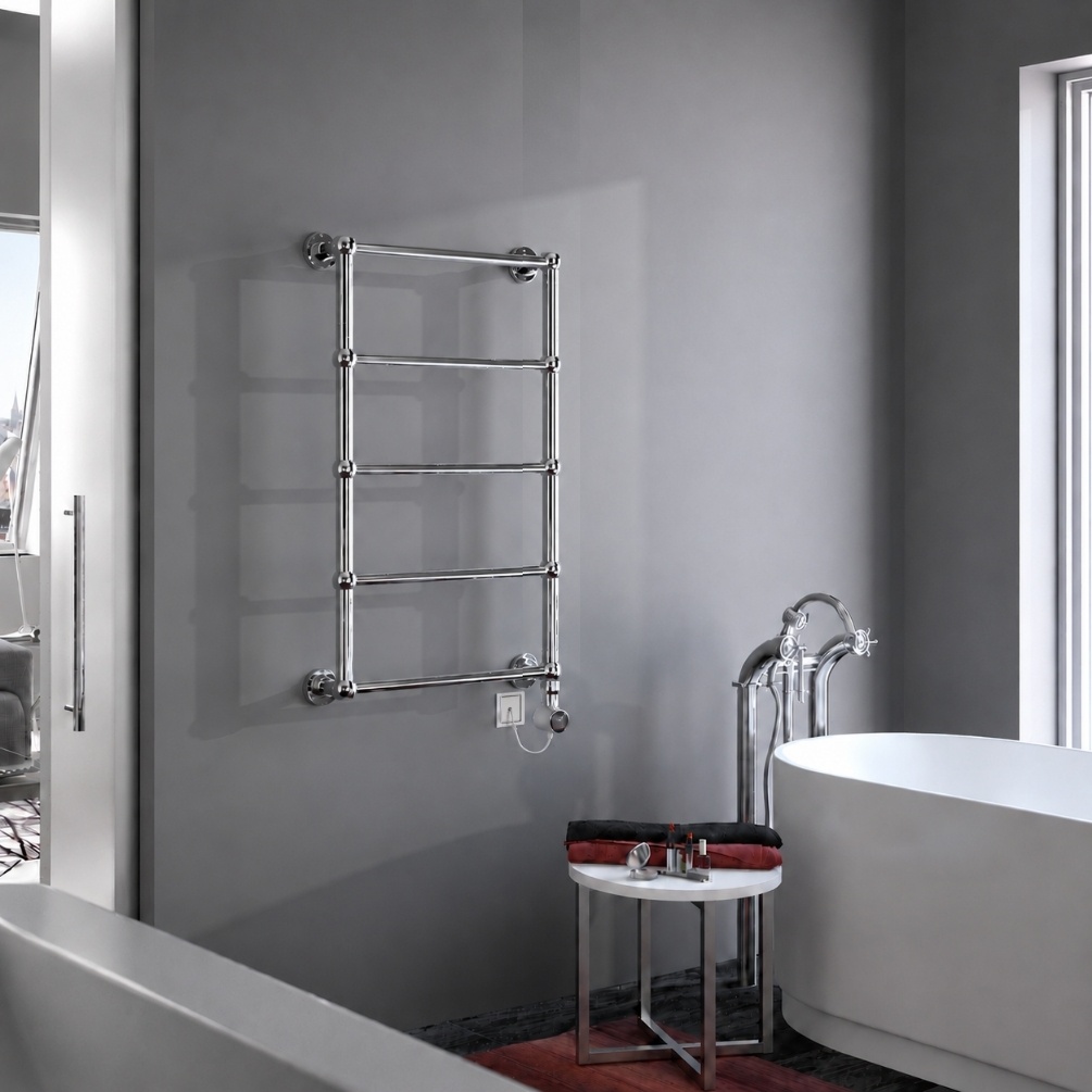 radox edwardian 920 x 600 electric towel rail with black thermstat in bathroom