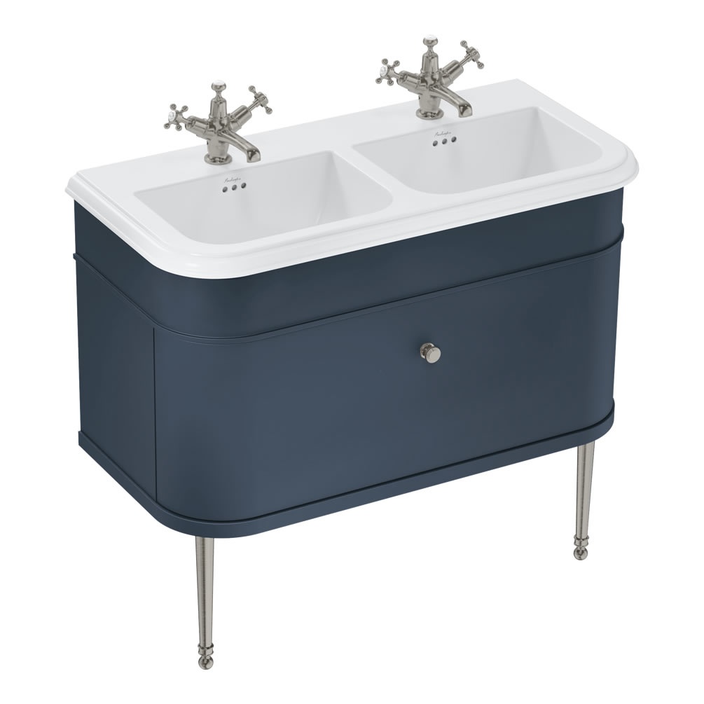 Burlington Chalfont 1000mm Double Ceramic Basin (3 Tap Holes) Blue Unit & Nickel Legs