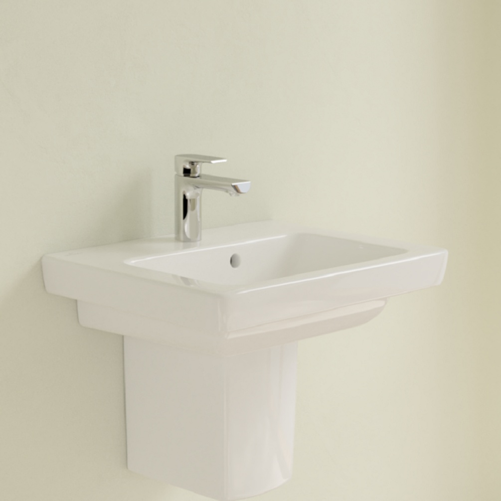 Front side angle Product lifestyle photo of Villeroy and Boch Subway 2.0 500mm Handwashbasin with semi pedestal trap cover 73155001