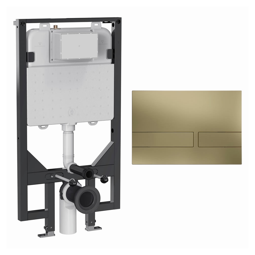 Cutout image of Crosswater 1140mm Ultra-Slim Wall-Hung Cistern Frame & Venue Brushed Brass Dual Flush Plate