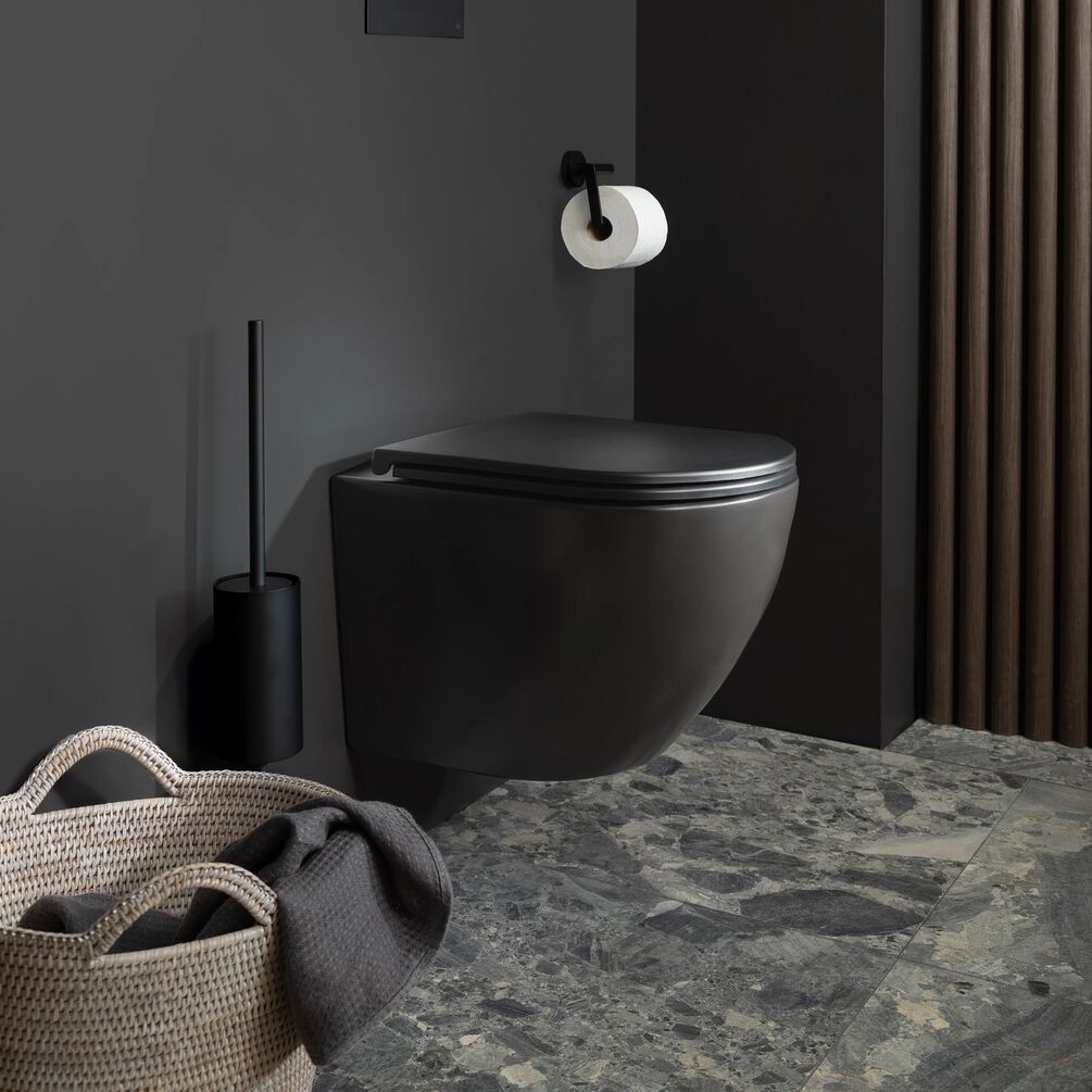 JTP Wortex Matt Black Wall Hung Rimless Toilet & Seat Lifestyle 2