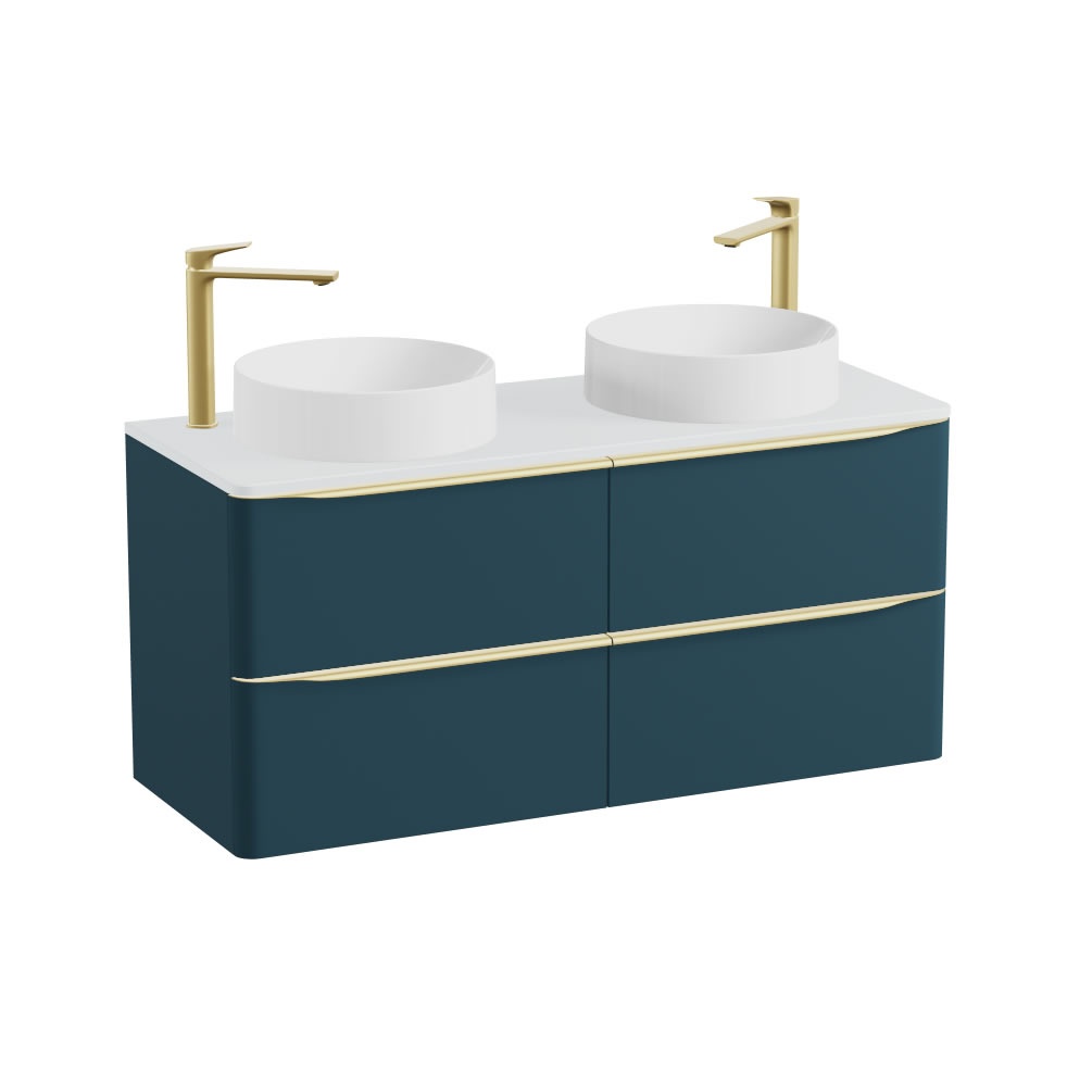 Vado Cameo 1200mm Atlantic Blue Wall Hung 4 Drawer Vanity Unit, Arctic Worktop & Gloss Basins