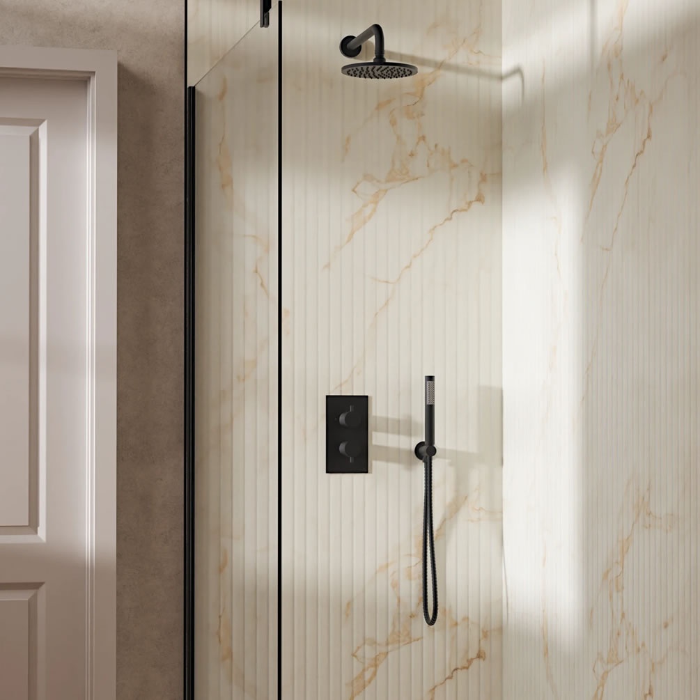 Lifestyle image of Crosswater Design Matt Black Dual Outlet Rainfall Shower Set