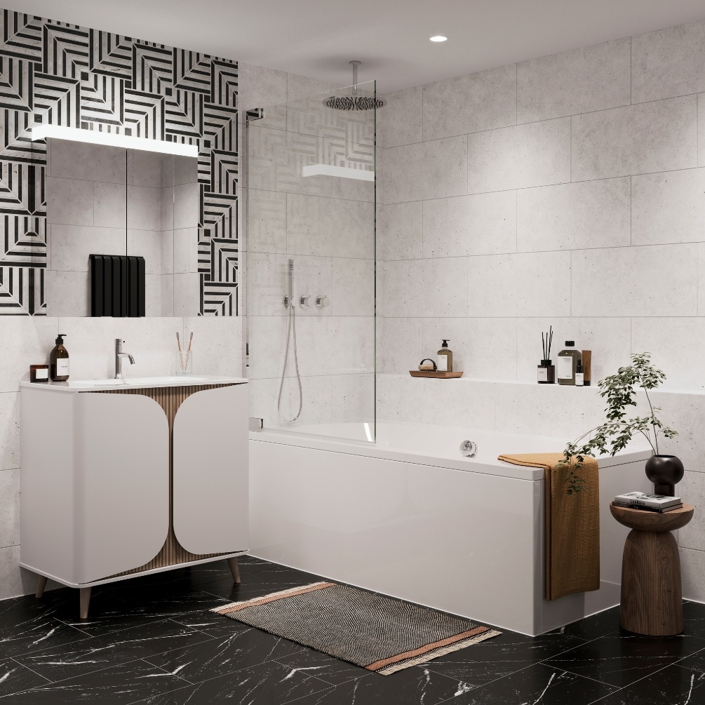 Product Lifestyle image of the Crosswater Tambour Matt White 800mm Floorstanding Unit with Basin