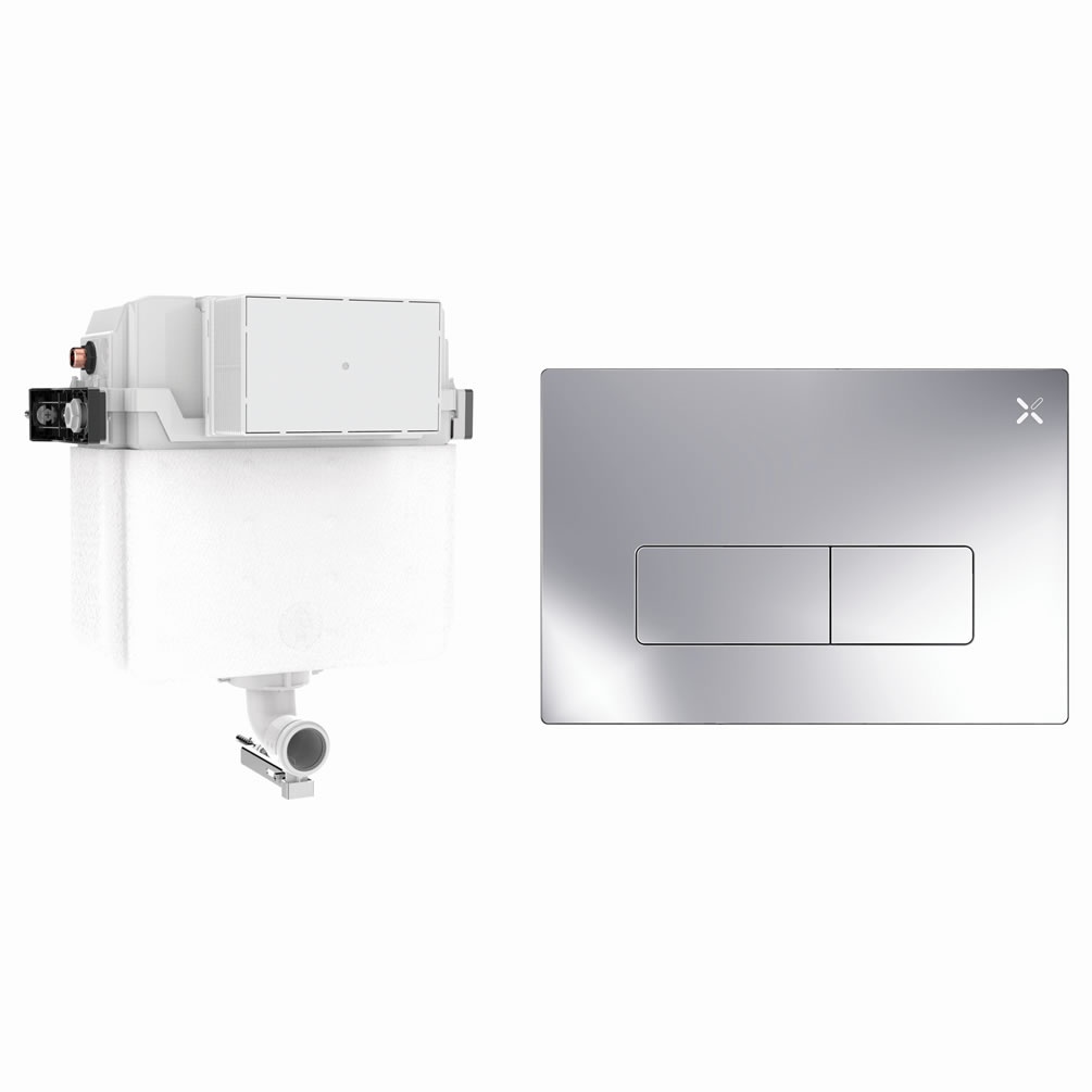 Cutout image of Crosswater 460mm Concealed Back-to-Wall Cistern & MPRO Chrome Dual Flush Plate