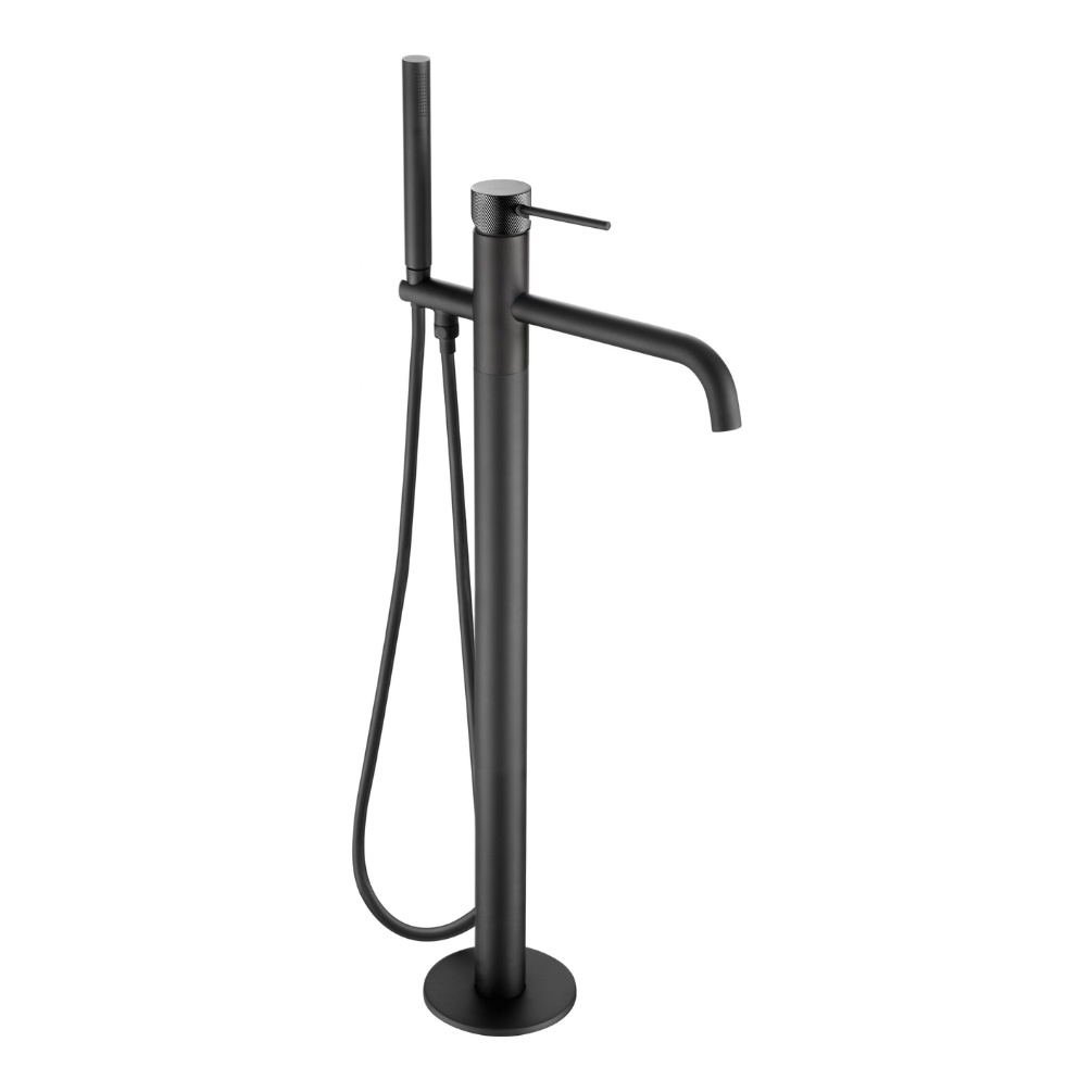 Product Cut out image of the JTP Vos Matt Black Floorstanding Bath Shower Mixer with Designer Knurled Handles
