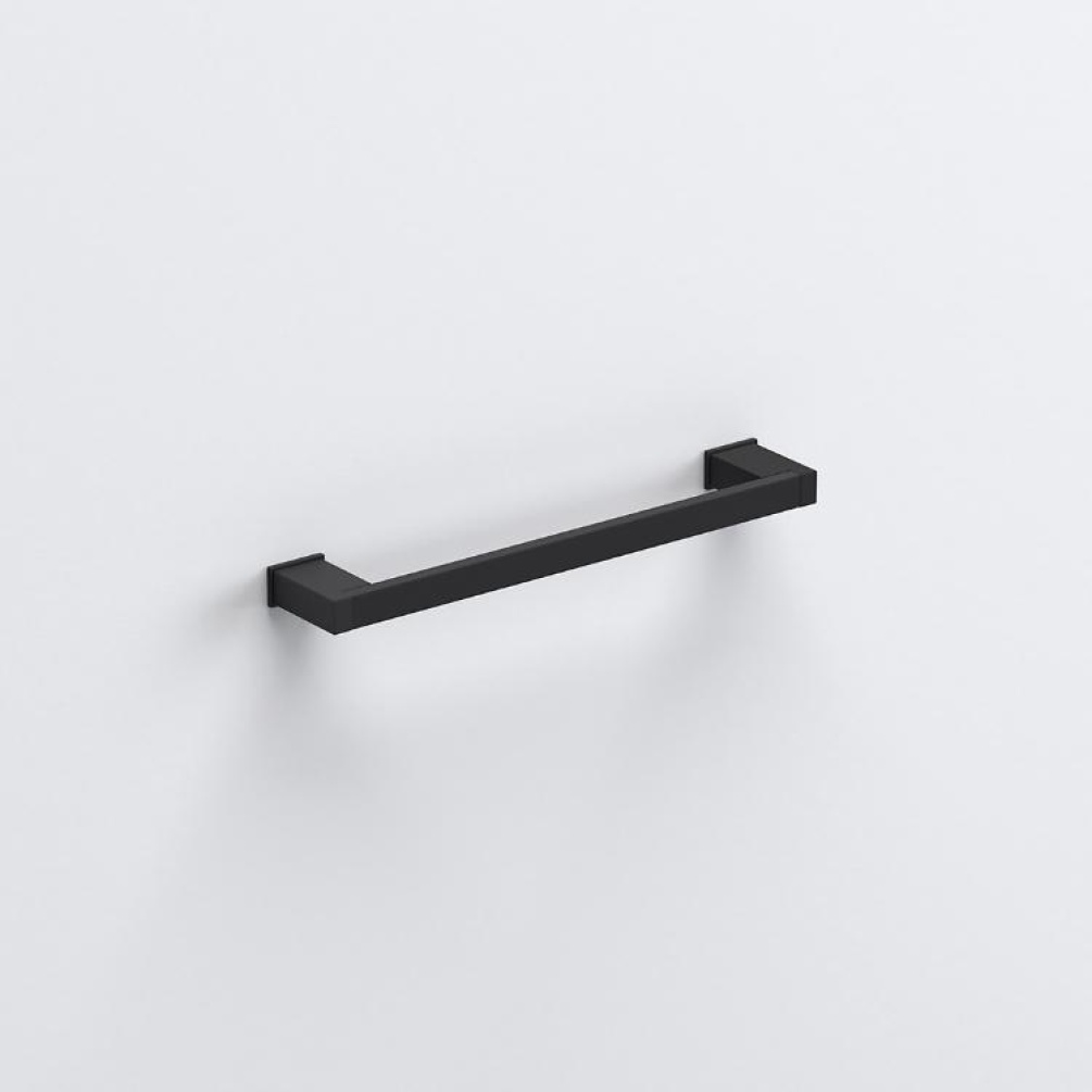 Close up product image of the Origins Living S Cube Matt Black 350mm Towel Rail