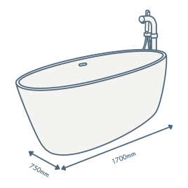 iconography image of a bathtub with 1700mm length text and 750mm width text illustrating this sized bath
