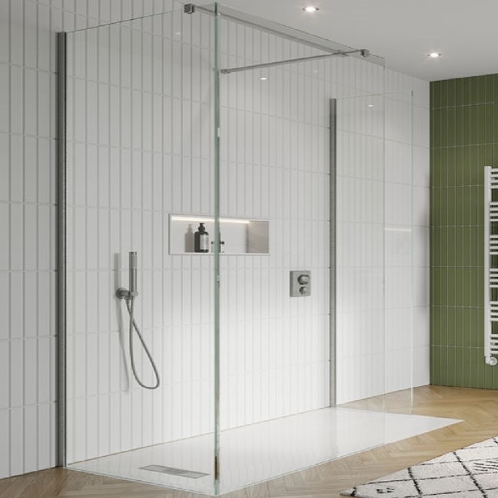 Image of Crosswater Gallery 10 Brushed Stainless Steel Glass Corner Wetroom screen - closeup shot with white tiled background