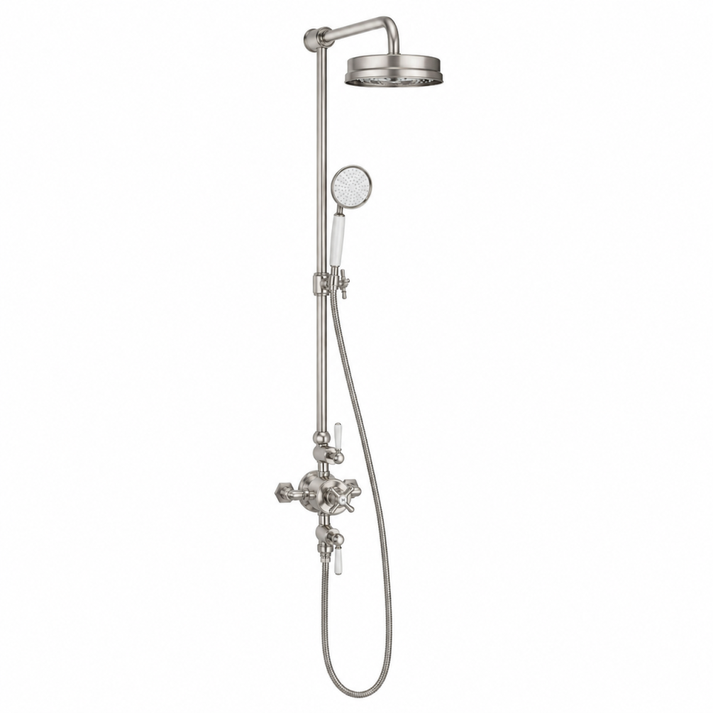 Cut out image of the Crosswater Waldorf Brushed Nickel Thermostatic Shower Column with White Handles