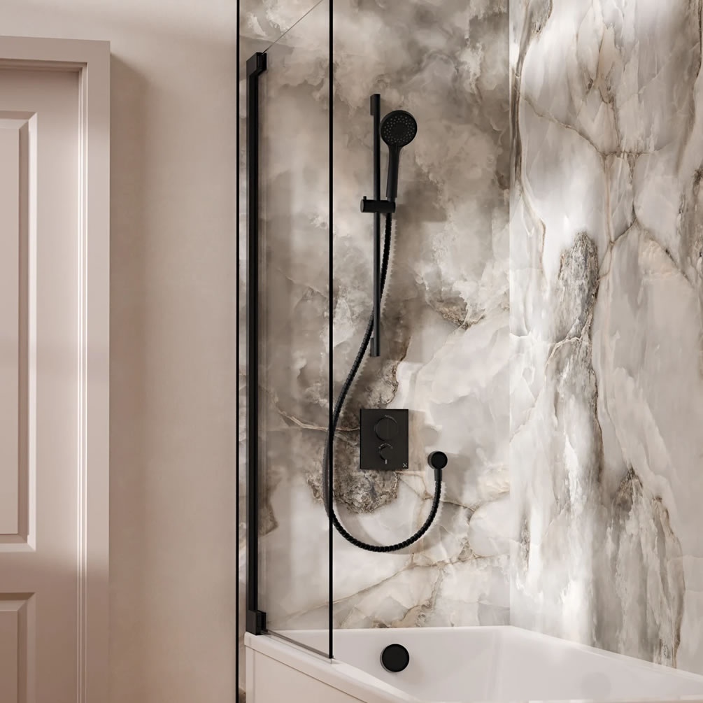 Lifestyle image of Crosswater Crossbox Push Matt Black Dual Outlet Slide Rail Shower Bath Set