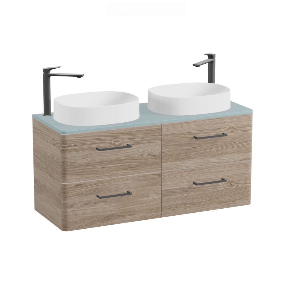 Vado Cameo 1200mm Natural Oak Wall Hung 4 Drawer Vanity Unit, Cove Blue Worktop & Gloss Oval Basins