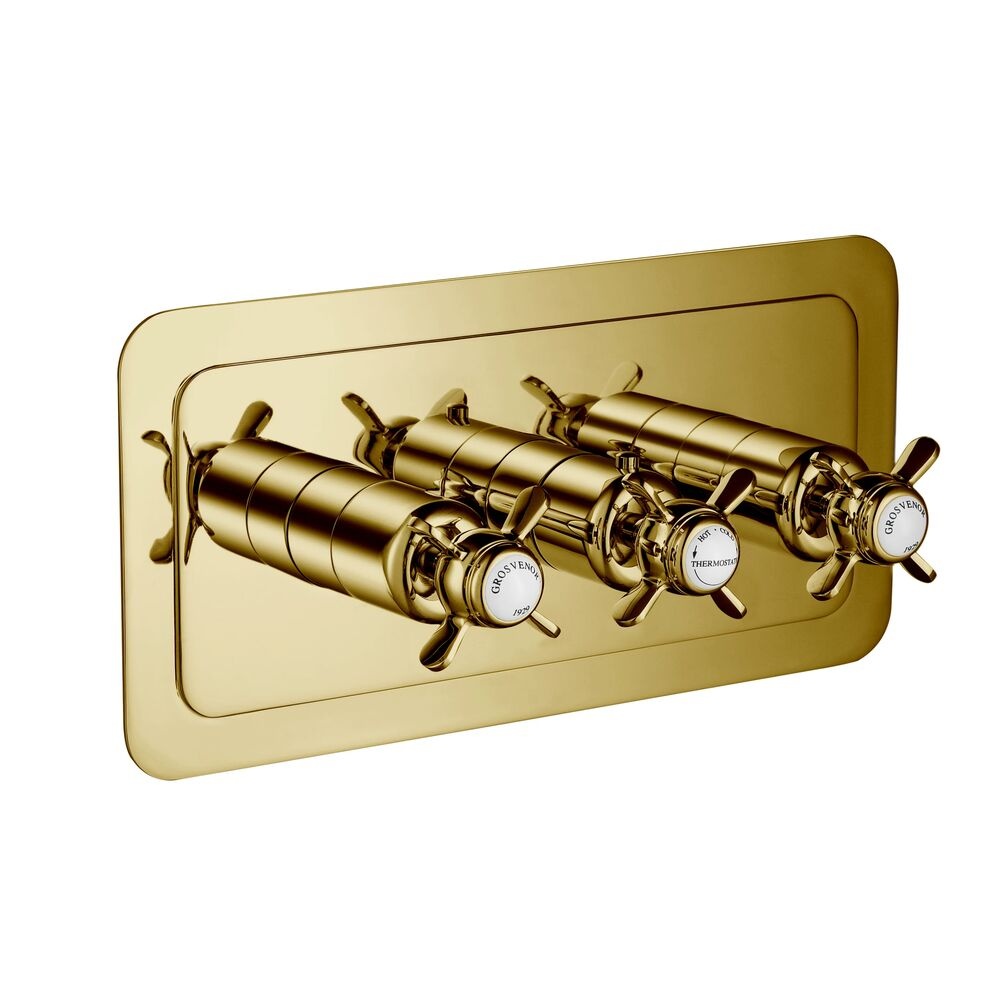JTP Grosvenor Pinch Polished Gold 2 Outlet 3 Handle Landscape Thermostatic Shower Valve Cut Out