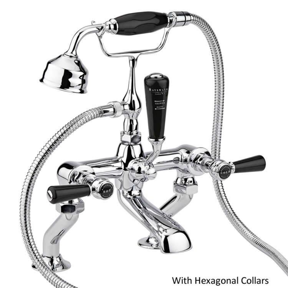 Photo of Bayswater Lever Black & Chrome Deck Mounted Bath Shower Mixer with Hexagonal Collars
