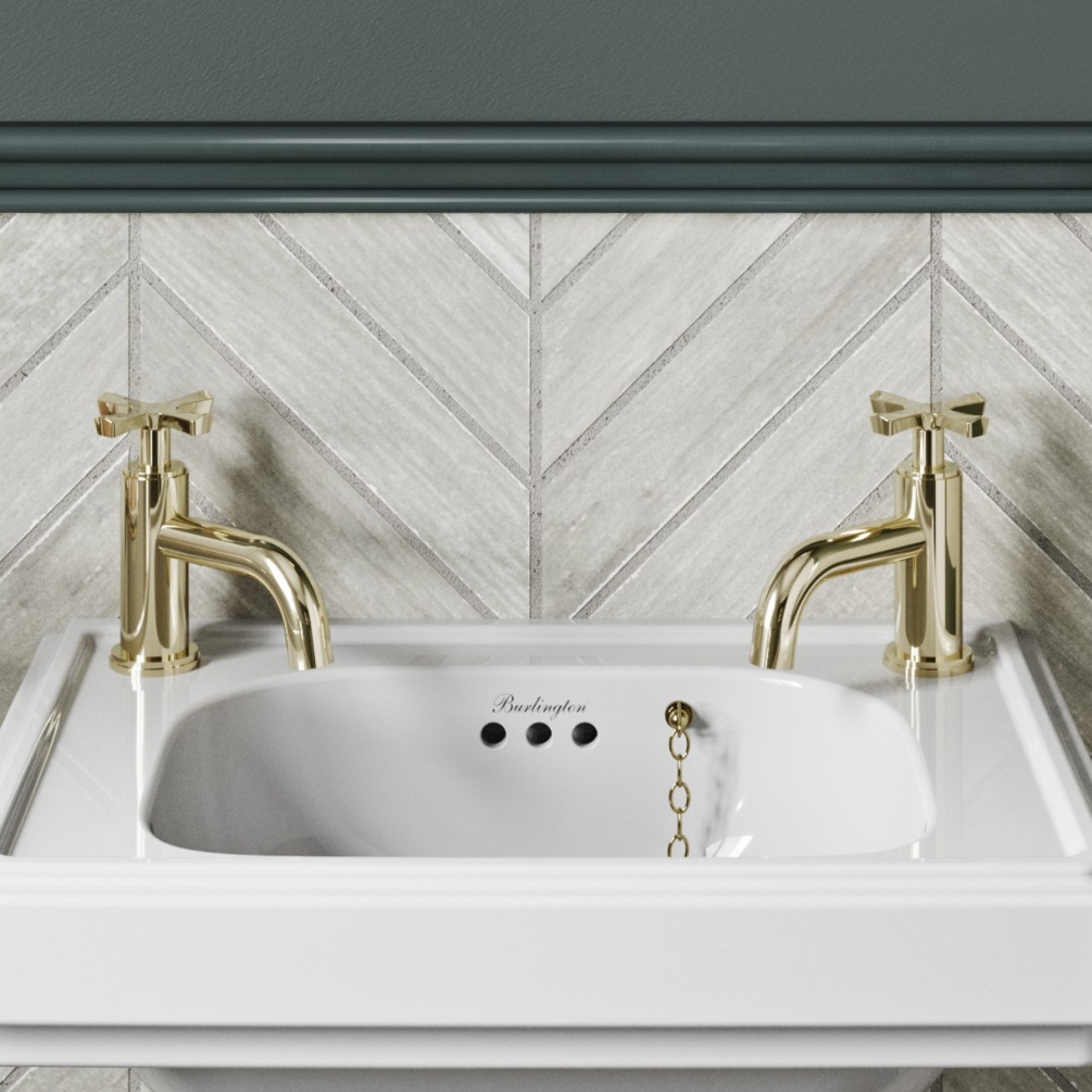 Image from front of Burlington Riviera Gold Basin Pillar Taps on basin in bathroom