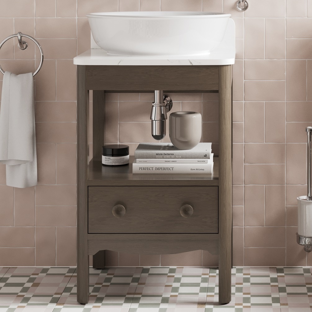 Product lifestyle image of Burlington Guild Dark Oak 560 Furniture Unit with Carrara Marble Worktop and Upstand close up with countertop basin and patterned floor tiles GU5600DDOK_FS GU560TMC