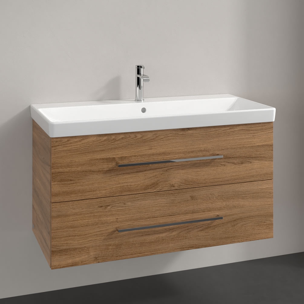 Lifestyle image of Villeroy & Boch Avento Kansas Oak 1000mm Wall-Hung Basin Vanity Unit