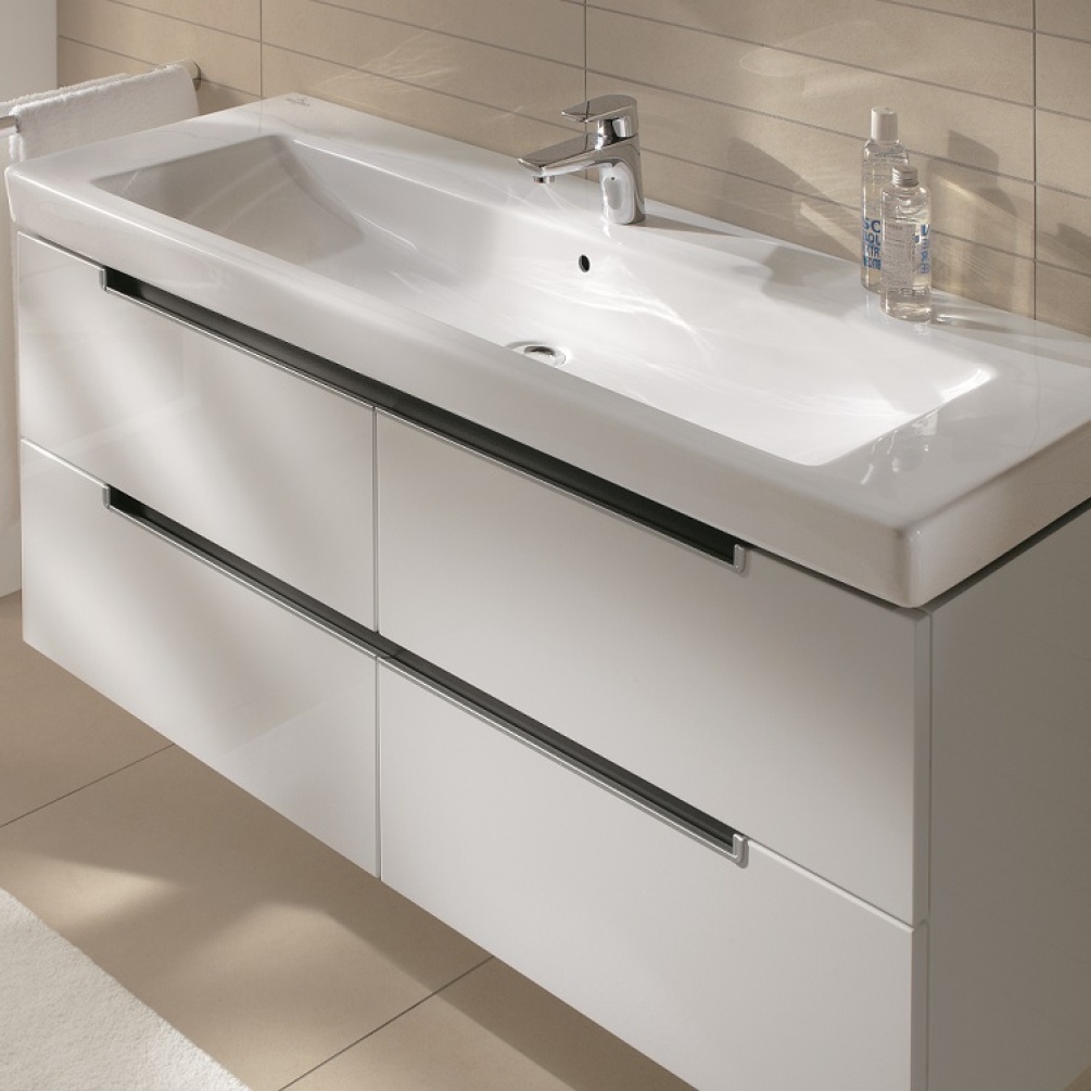 Product Lifestyle image photo of Villeroy and Boch 1300mm Subway 2.0 1 Tap Hole Vanity Basin on light coloured vanity unit right side angle 7176D001