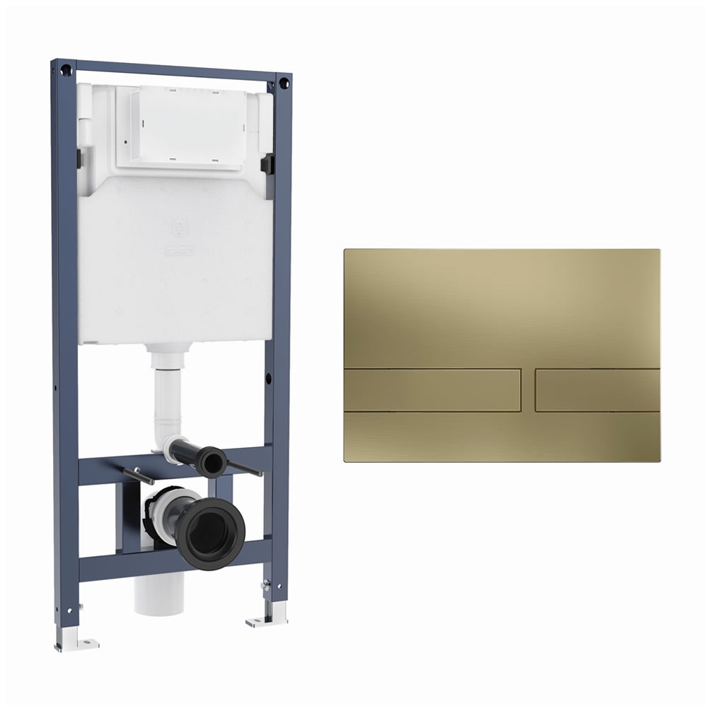 Cutout image of Crosswater 1120mm Wall-Hung Cistern Frame & Venue Brushed Brass Dual Flush Plate
