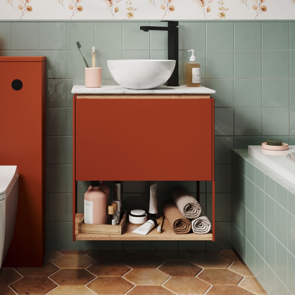 Lifestyle image of Crosswater Mada 600mm Soft Clay Wall-Hung Vanity Unit & Worktop