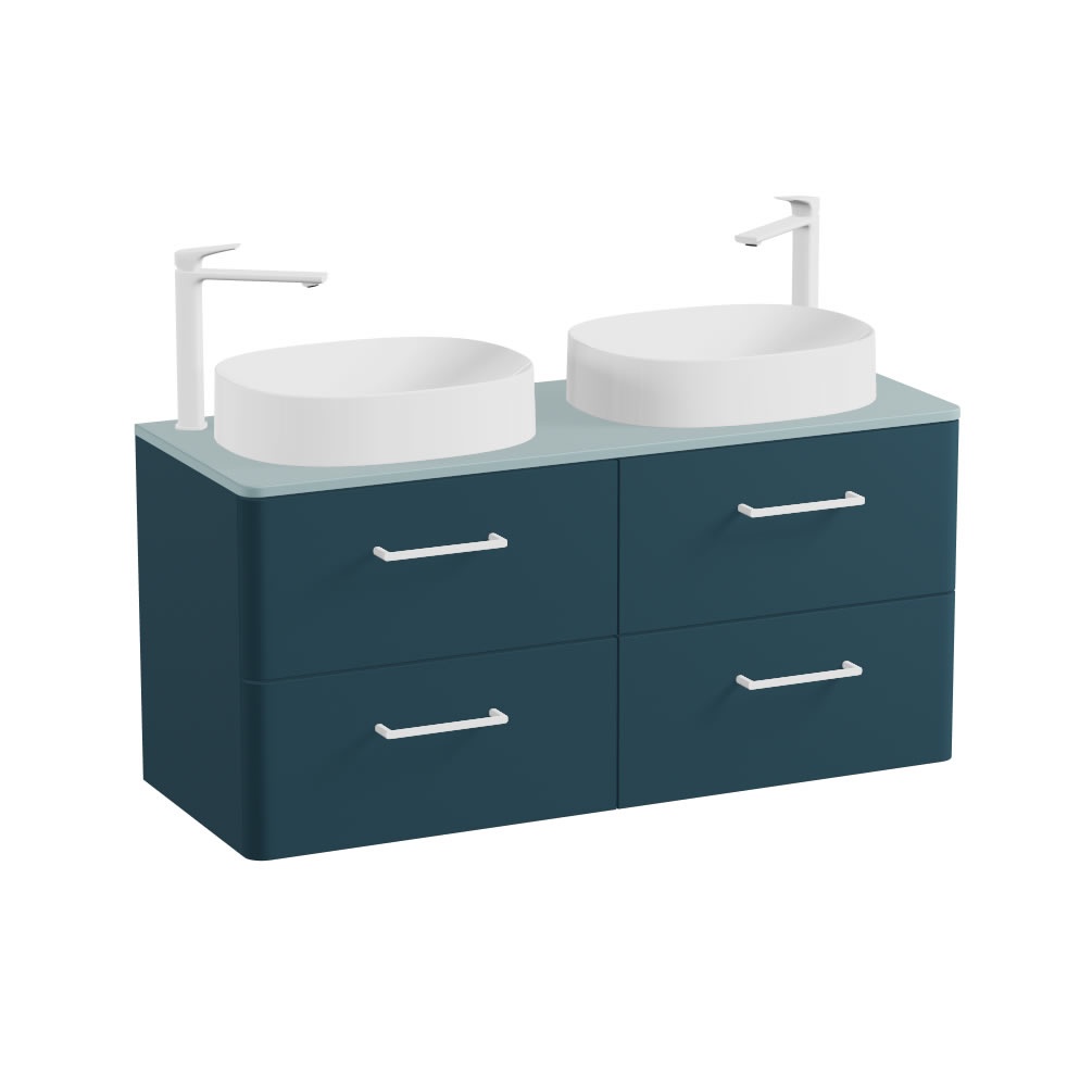 Vado Cameo 1200mm Atlantic Blue Wall Hung 4 Drawer Vanity Unit, Cove Blue Worktop & Gloss White Oval Basins