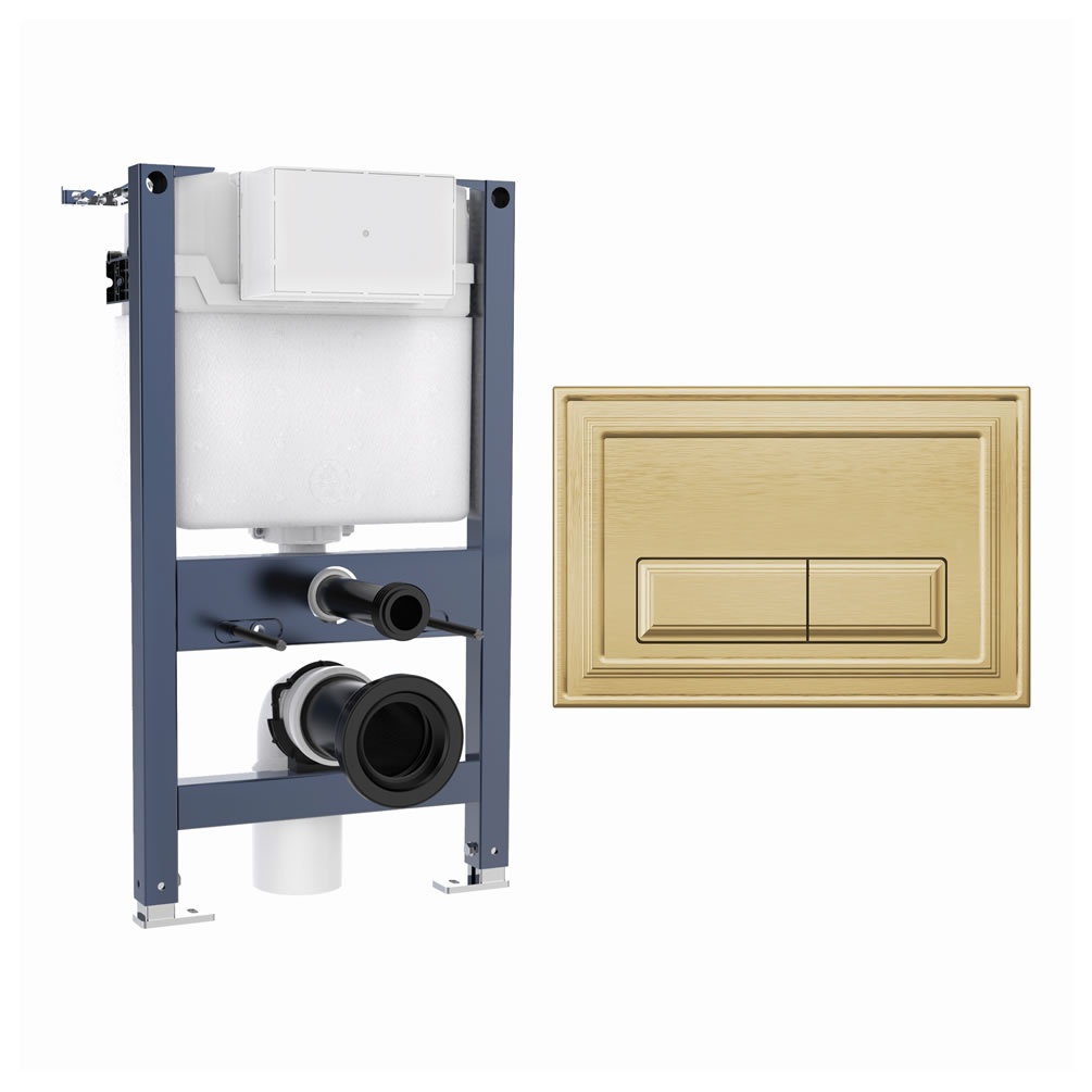 Cutout image of Crosswater 820mm Wall-Hung Cistern Frame & Belgravia Brushed Brass Dual Flush Plate