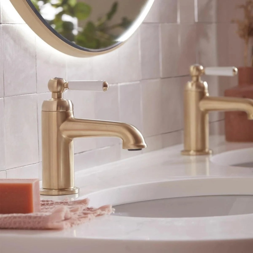 Tavistock Lansdown Brushed Brass Basin Taps - Lifestyle Image