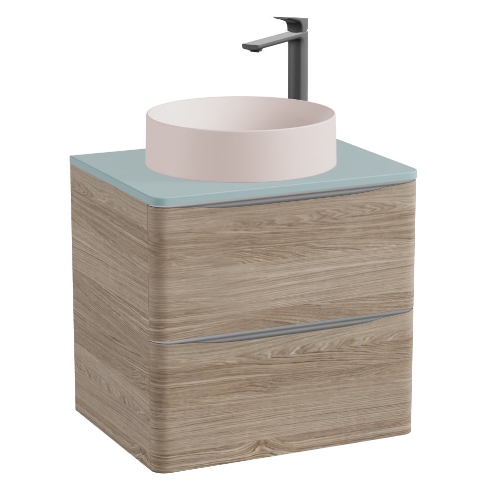 Vado Cameo 600mm Natural Oak Wall Hung Vanity Unit, Cove Blue Worktop & Pink Clay Basin