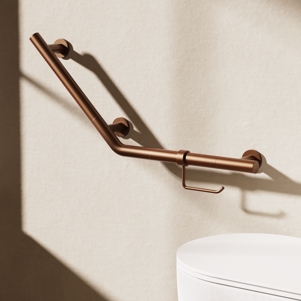 Lifestyle image of Crosswater Brushed Bronze Angled Grab Bar & Toilet Roll Holder