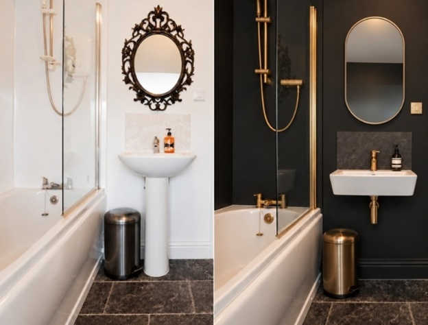 A comparison image showcasing how bathrooms can be designed with AI, with a before and after.
