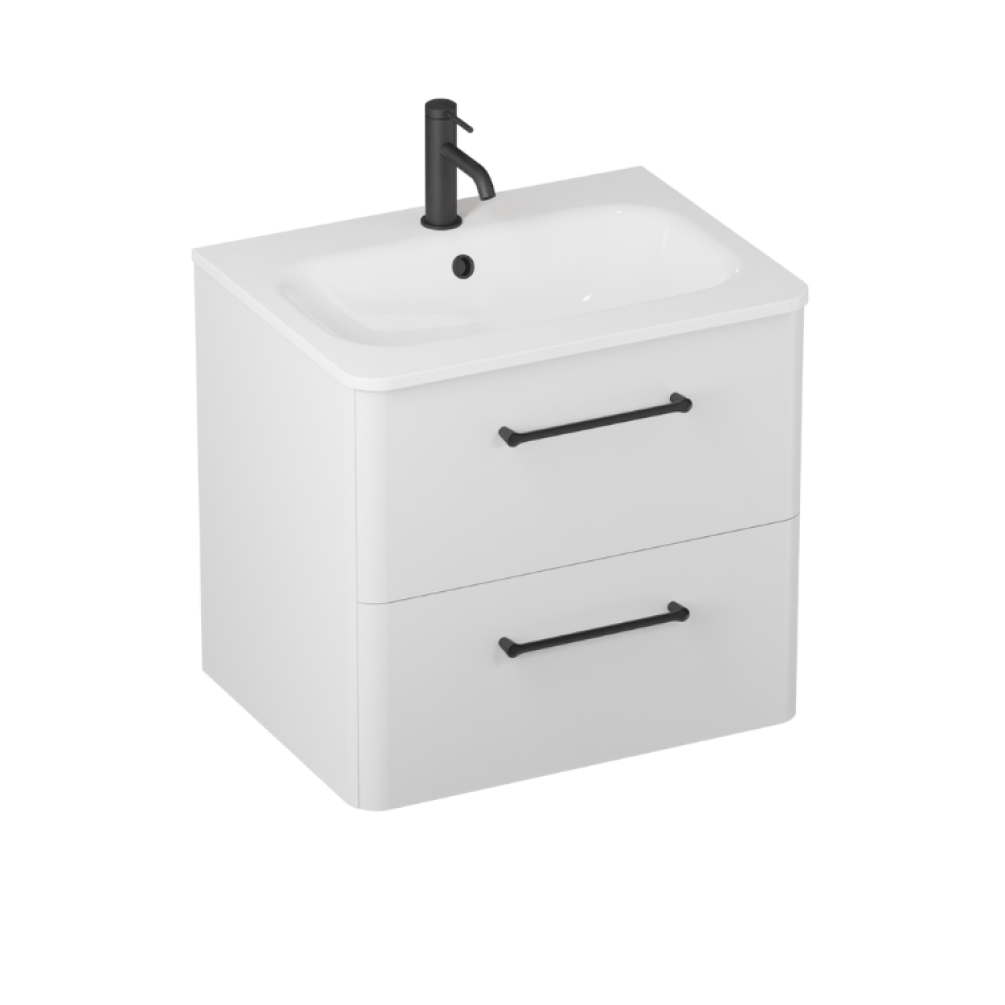 Product cut out image photo of Britton Bathrooms Camberwell 600mm Frosted White Wall Hung Vanity Unit and Basin with black Handles C60DDW