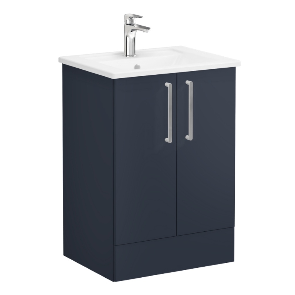Product Cut out image of VitrA Root Flat Dark Blue 600mm Floor Standing Washbasin Unit 67908 with chrome handles