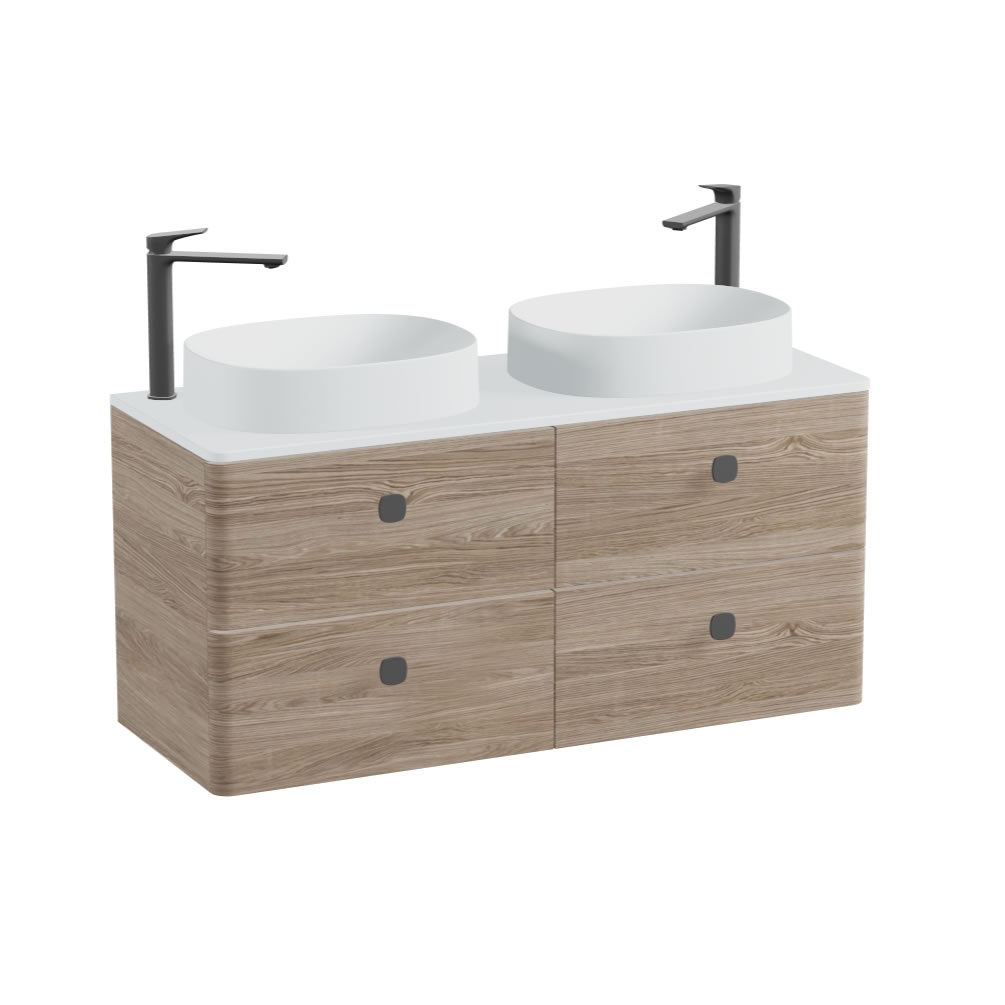 Vado Cameo 1200mm Natural Oak Wall Hung 4 Drawer Vanity Unit, Arctic Worktop & Oval Basins