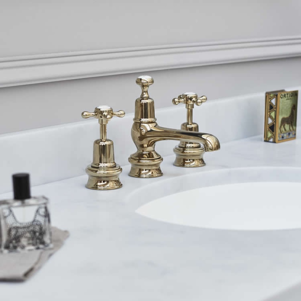 Product Lifestyle image of the Burlington Claremont Gold 3 Tap Hole Basin Mixer
