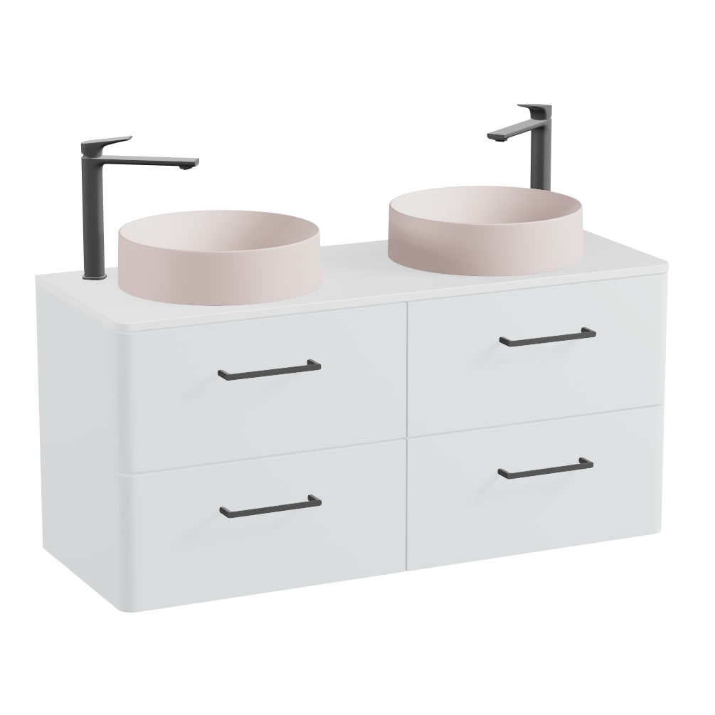 Vado Cameo 1200mm Arctic White Wall Hung 4 Drawer Vanity Unit, Gloss Worktop & Pink Basins