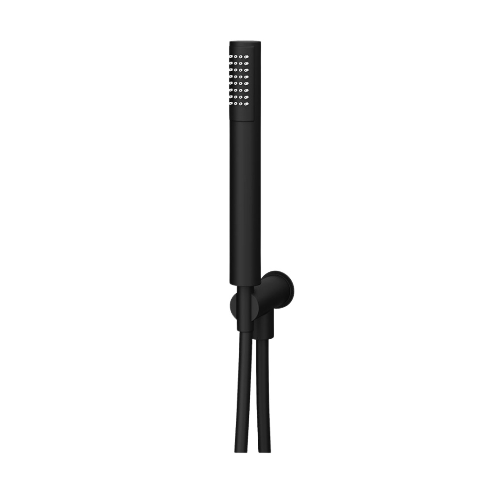 Product cut out image of the Abacus Emotion Matt Black Handset with Hose, Round Wall Outlet & Holder