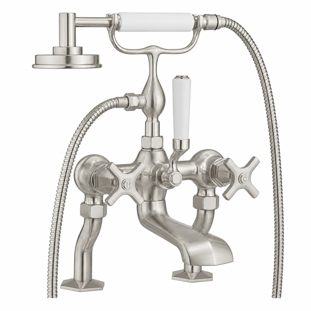 Cut out image of the Crosswater Waldorf Brushed Nickel Deck Mounted Crosshead Bath Shower Mixer