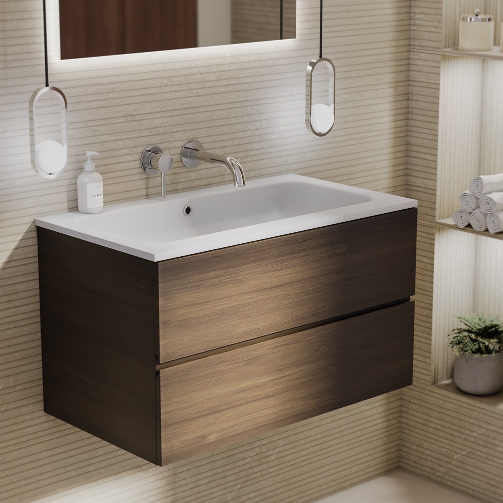 product lifestyle image of Zero Eucalypto 800mm Double Drawer Wall Hung Vanity Unit and 0TH Matt White Basin 1042-BL1167C-130X