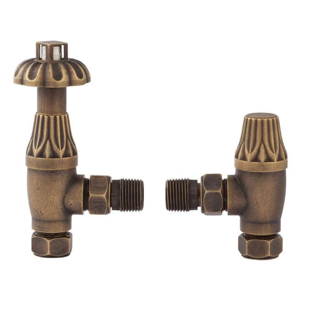 Photo of Bayswater Angled Thermostatic Antique Brass Radiator Valves With Lock Shield