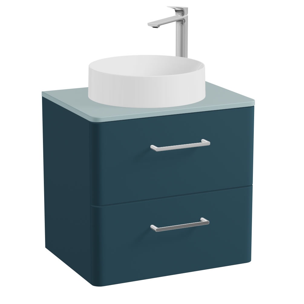 Vado Cameo 600mm Atlantic Blue Wall Hung 2 Drawer Vanity Unit, Cove Blue Worktop & Gloss Basin