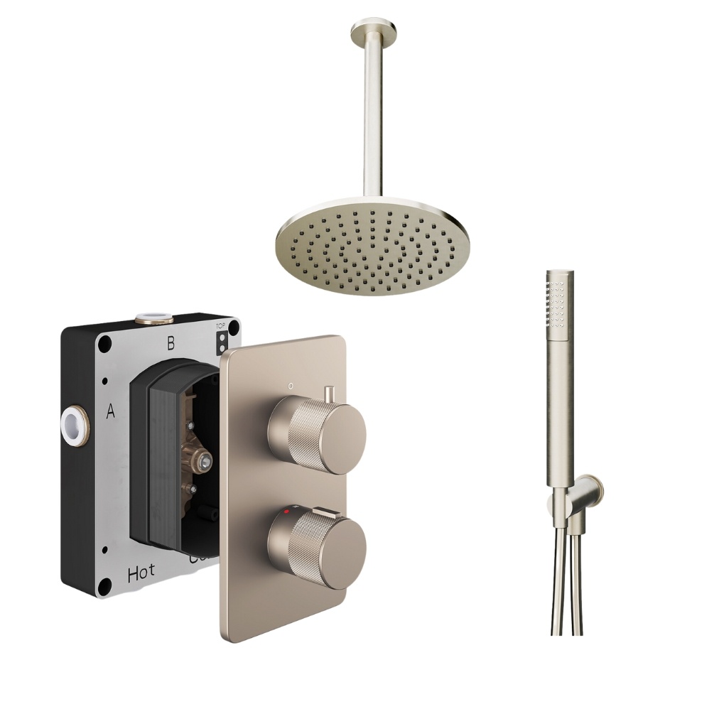Product Cut out image of the Abacus Iso Pro Brushed Nickel 2 Outlet Shower Pack with Ceiling Head & Handset
