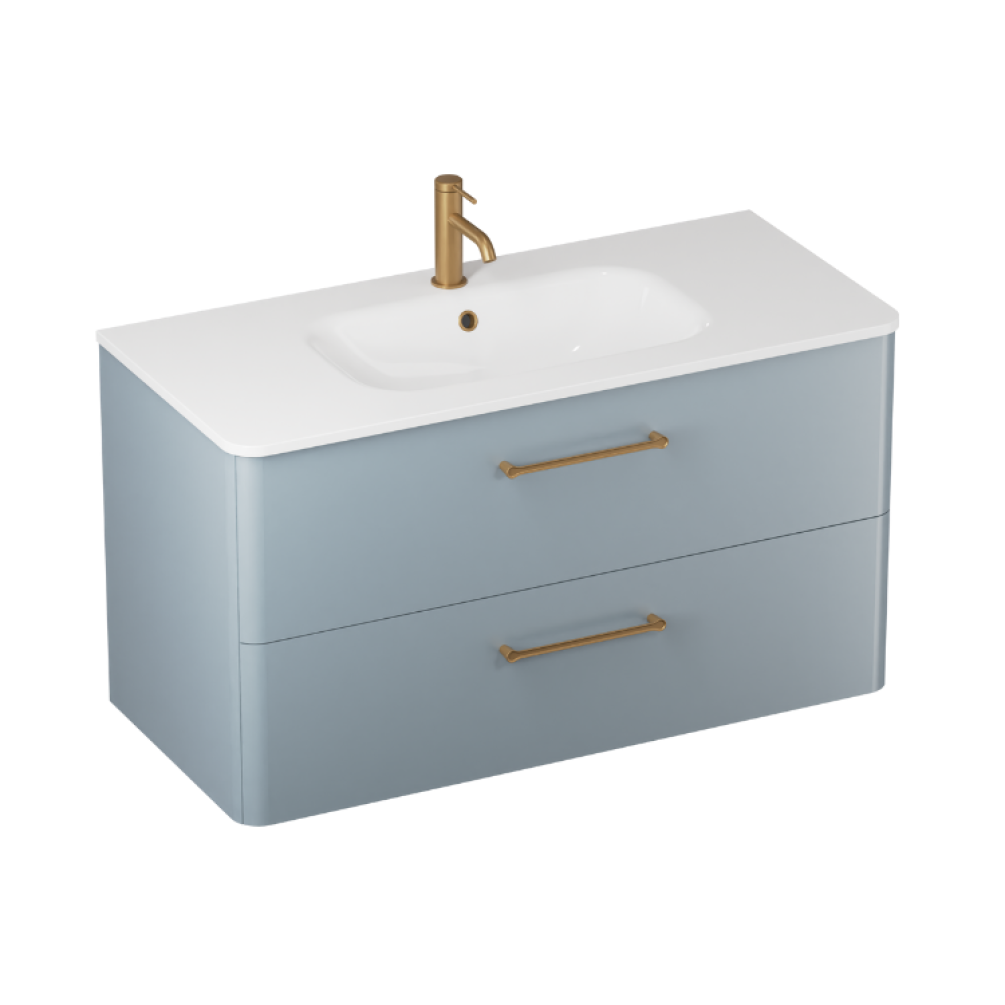 Product cut out photo image of Britton Bathrooms Camberwell 1000mm Dusty Blue Wall Hung Vanity Unit and Basin with Brass Handles C100DDB