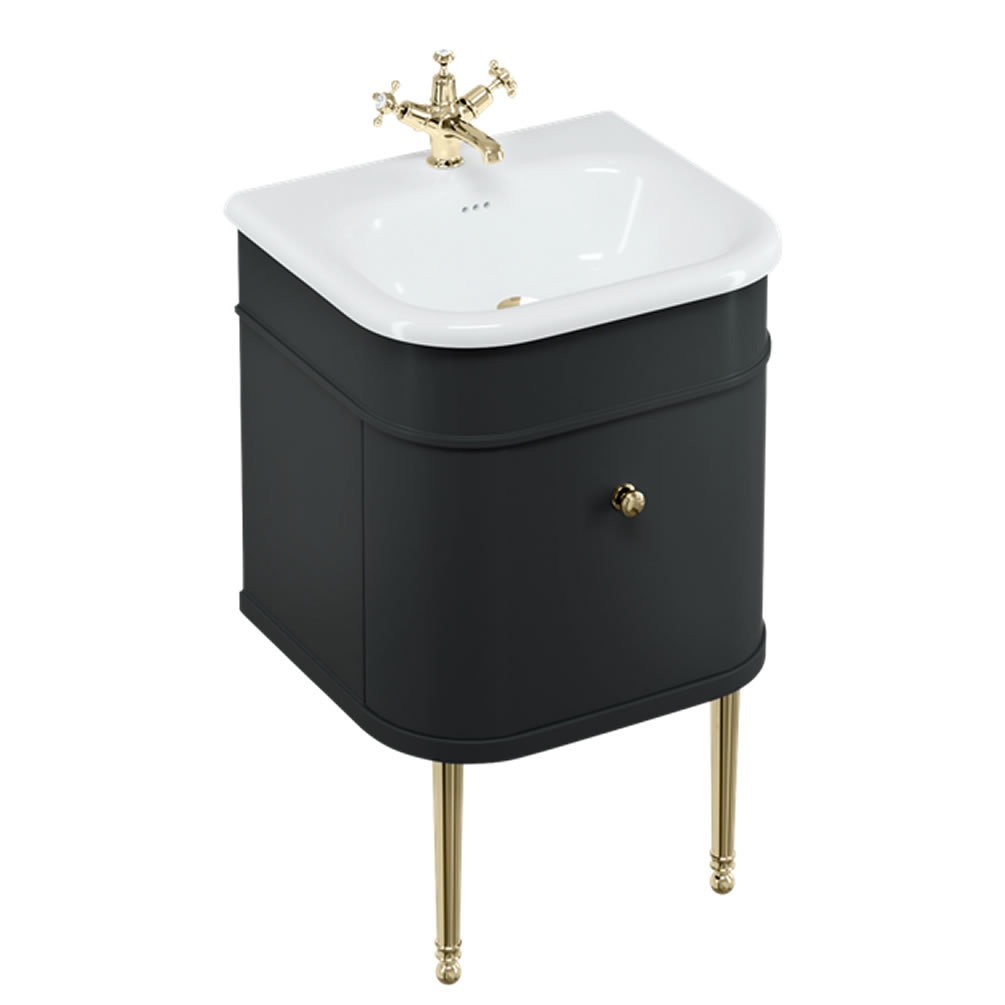 Burlington Chalfont 550mm Matt Black Vanity Unit, Natural Stone Basin & Gold Legs