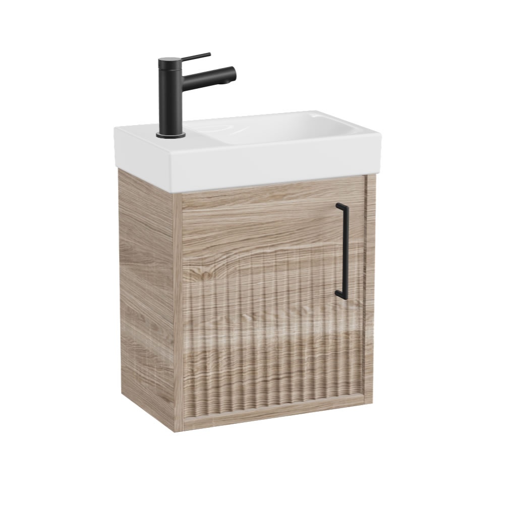 Vado Safari Fluted 400mm Natural Oak Wall Hung Cloakroom Vanity Unit & Basin - Right Pull